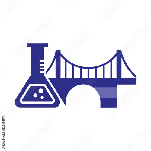 Stylized Blue Icon: Erlenmeyer Flask with Bubbles and Suspension Bridge