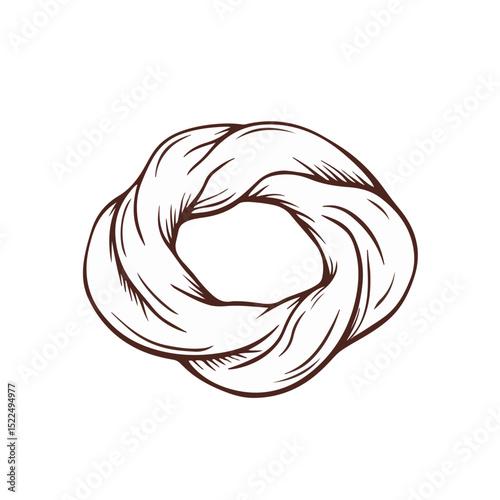 Twisted bread ring illustration. Delicious baked pastry design with detailed lines and rustic texture. This simple bread ring graphic is perfect for bakery menus, food blogs, and restaurant branding.