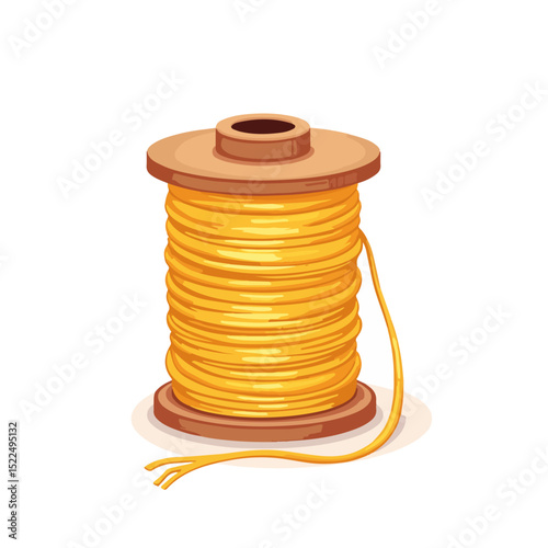 Golden twine spool on wooden base. This spool of golden thread is perfect for crafting projects and DIY.  High-quality image of golden twine spool ideal for packaging design and textile industry.