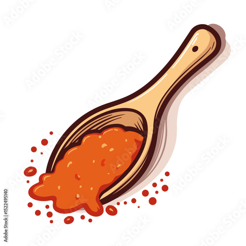 Spice scoop with grainy red pepper. Wooden spoon overflowing with coarse ground chili powder.  Grainy spice scoop for food packaging design, recipe books, and cooking blogs.