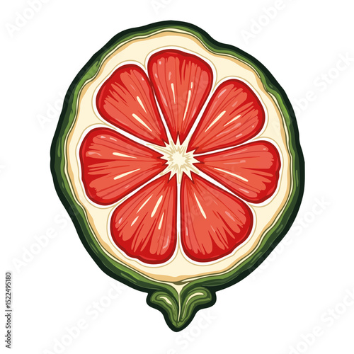 Handpainted citrus fruit slice design. This detailed illustration shows a vibrant, red grapefruit segment with a green rind, perfect for creating unique patterns.
