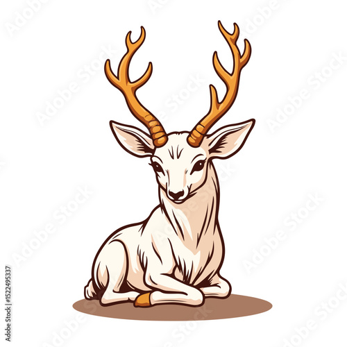 Elegant white deer with large antlers sitting gracefully. This majestic creature, a symbol of nature's beauty, is perfect for creating captivating illustrations for nature documentaries,