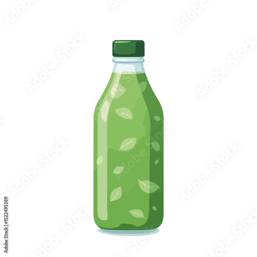Iced matcha bottle drink with green tea leaves. Refreshing iced matcha beverage in plastic bottle perfect for summer.