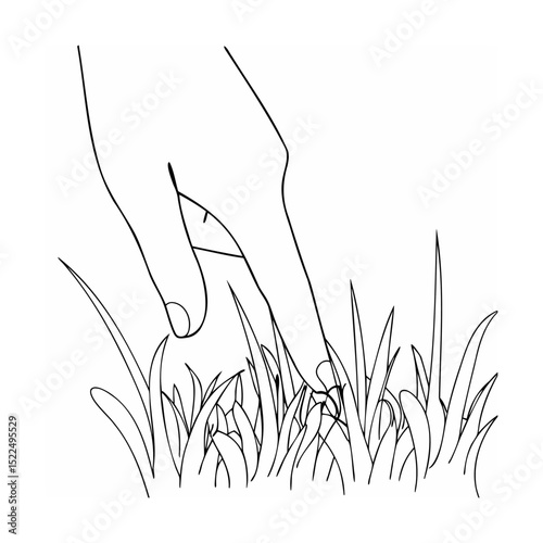 Hand touching grass depicting nature exploration and connection black and white line art
