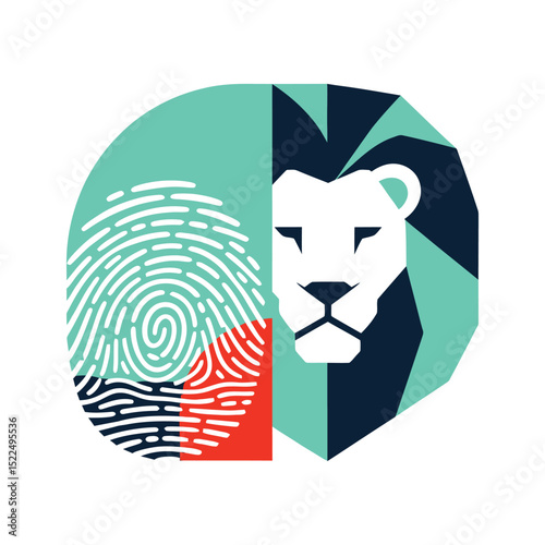 Abstract Lion Head with Fingerprint Pattern in Teal, Navy, White, and Red