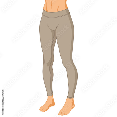 Beige leggings close-up shot. Women's comfortable leggings with elastic waistband.  Stylish leggings for yoga, fitness, and casual wear.