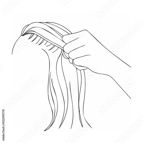 Hand combing wet hair with comb in black and white line art illustration