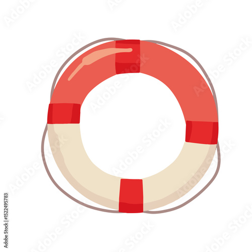 Red and white life preserver for summer safety. Lifeguard equipment includes bright colors and rope details. This life preserver image is perfect for summer safety campaigns.
