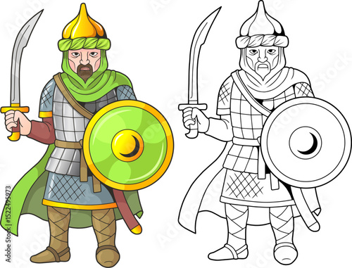 Medieval arab saracen warrior, coloring book