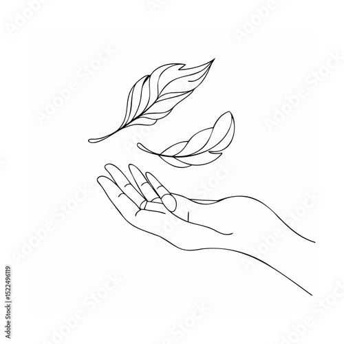Delicate hand reaching for floating leaves elegant line art simple black and white design