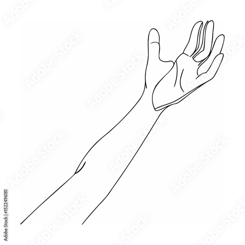 Simple line drawing of a reaching out hand and extended arm isolated on white