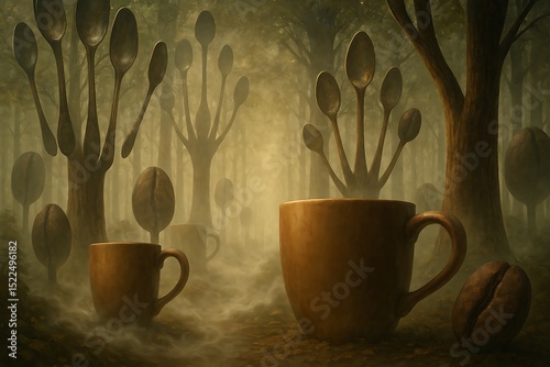 Sunlit Forest with Coffee Mug Generative AI