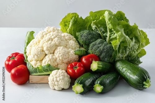 A studio photography composition of fresh vegetables arranged in a wooden crate,