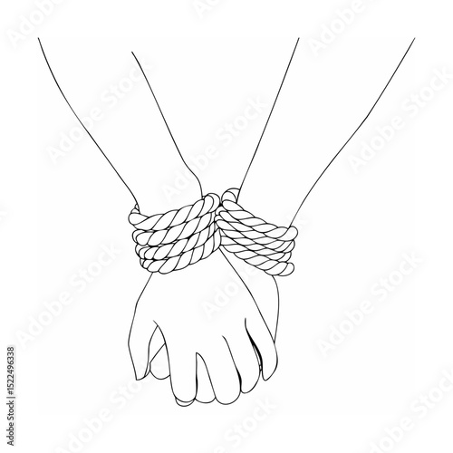Two hands bound together with rope showing love connection or confinement concept