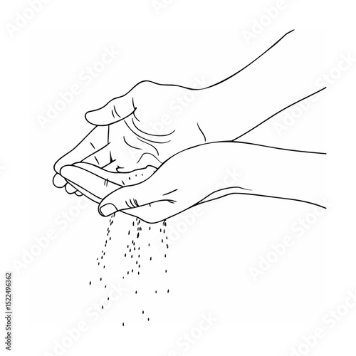 Outline illustration depicting two hands pouring tiny particles representing sand or seeds