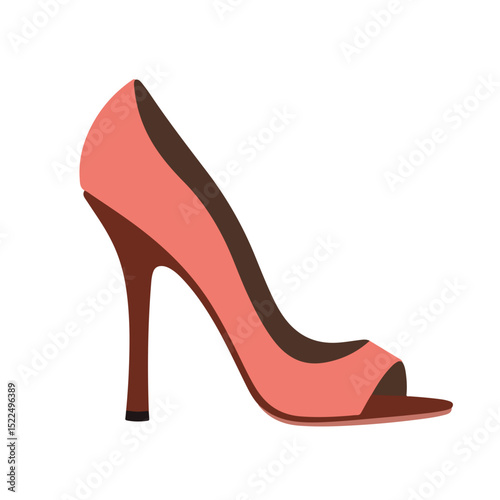 Elegant coral pink open-toe high heel shoe. Stylish women's footwear with peep toe detail and high stiletto heel. This sophisticated shoe design is perfect for fashion magazine layouts,