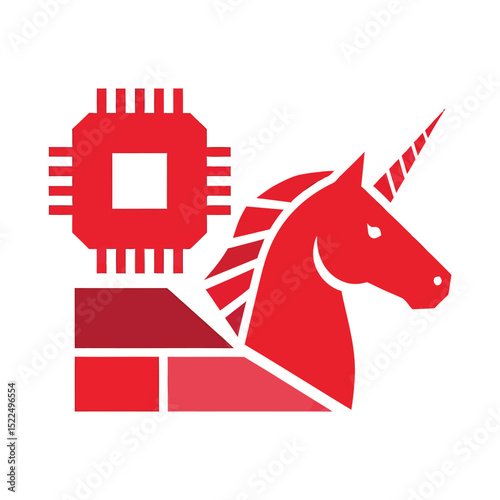Red Unicorn Head with Circuit Board and Firewall, a Tech Security Concept