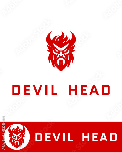 Fierce red devil head logo design with flaming horns and an intense expression