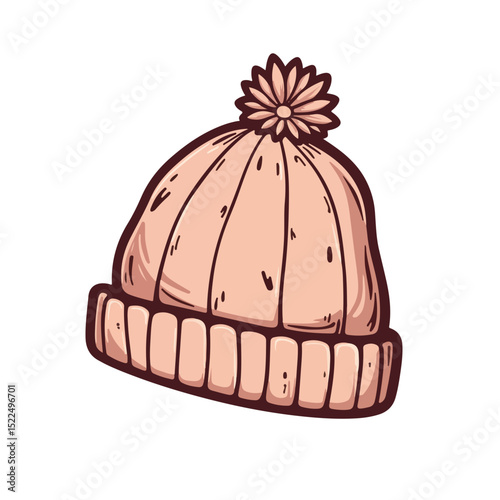 Stylish knitted beanie with flower pom pom.  Warm winter beanie hat design for cold weather.  Perfect printed beanie illustration for apparel design and fashion website.