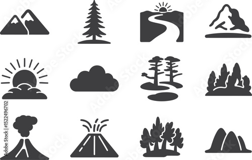 Landscape nature mountains trees sun cloud volcano vector icons set for travel and outdoor design editable stock vector illustration