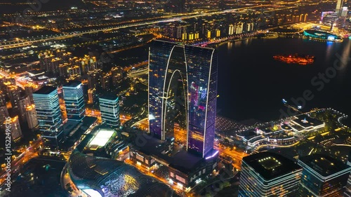 Night aerial photography of the Oriental Gate in Suzhou, China