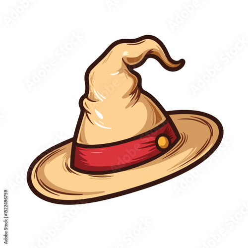 Renaissance hat design with wide brim and pointed crown.  Elegant renaissance hat illustration with red band and golden button.