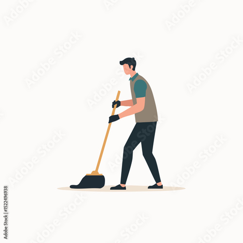Cartoon man cleaning floor with mop – flat indoor janitor character vector