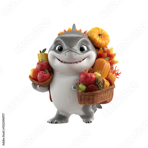Adorable Cartoon Shark Carrying Autumn Harvest Basket