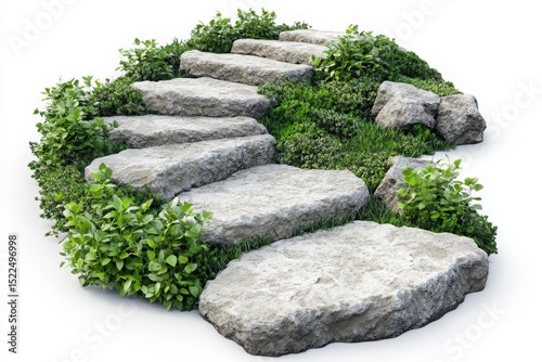 Stone steps with greenery isolated on white background