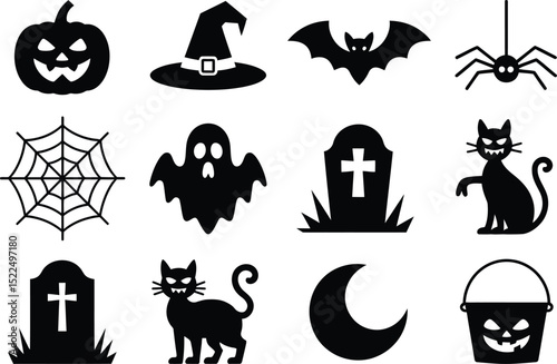 Halloween vector icons set silhouette pumpkin bat ghost spider cat tombstone witch moon bucket isolated editable stock vector illustration