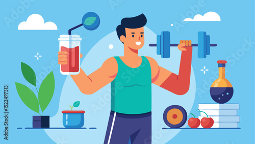 Animated Muscular Man Lifting Weights with Smoothie, Laboratory Flask, and Plant Pots Nearby