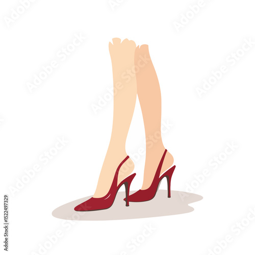 Elegant slingback heels on slender female legs.  Stylish red slingback pumps with high heels and thin straps. Fashionable footwear for elegant women,