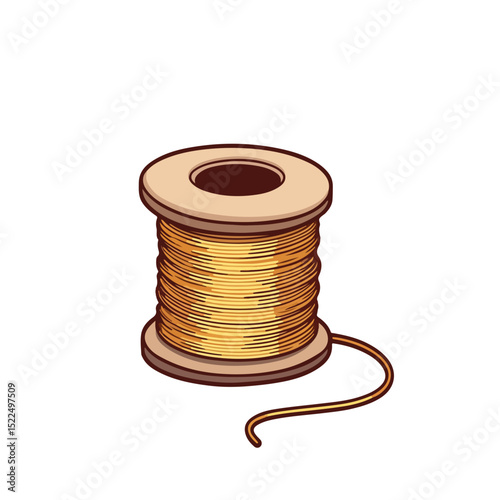 Golden metallic thread spool on wooden base. Shiny gold thread wound neatly on spool. This image of spooled metallic thread is perfect for crafting projects and design.