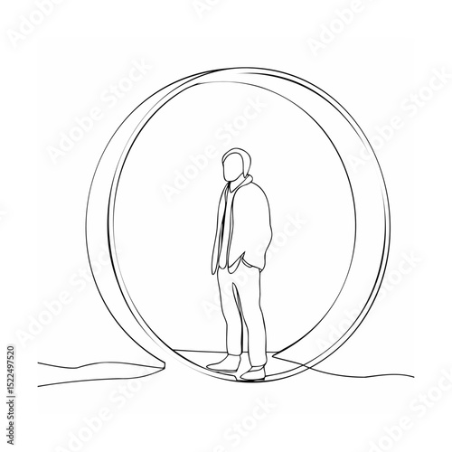 Abstract single line illustration of a man standing within a circular frame
