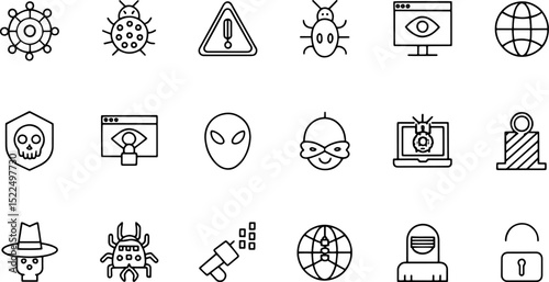 hacking and cyber attack vector line icon set  con.eps
