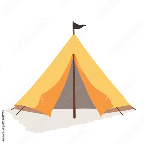 Yellow camping tent with orange flaps and black flag.  This simple camping tent illustration is perfect for travel brochures, camping guides, and outdoor adventure websites.