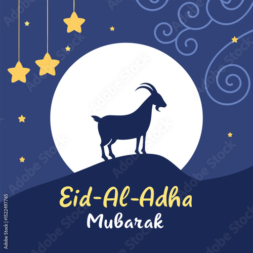 Eid al-Adha Mubarak Night Scene with Goat and Crescent Moon Illustration