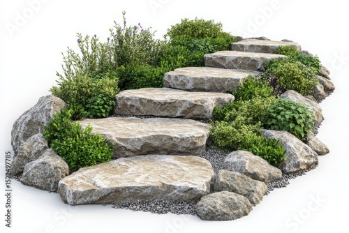 Stone steps with landscaping plants isolated on white background