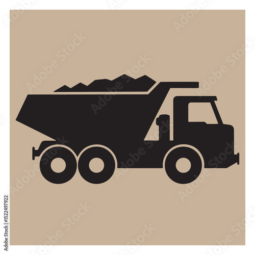 Black silhouette dump truck on tan background for construction and industrial designs