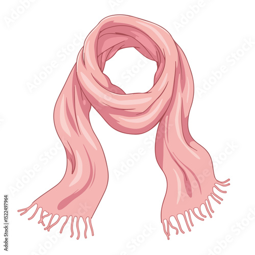 Pink woolen scarf with frayed edges.  Soft pink scarf casually draped, showcasing texture and delicate fringe.
