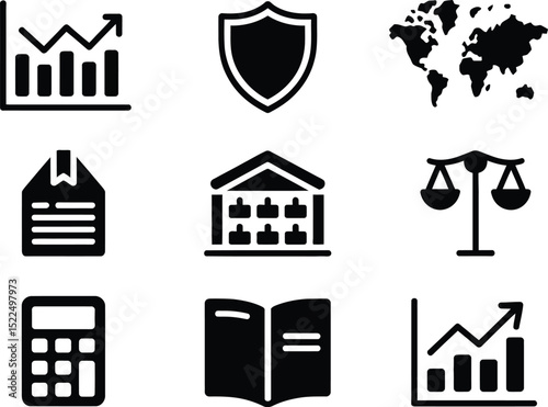 Business financial law and education icons set graph security world document bank balance calculator book editable stock vector illustration