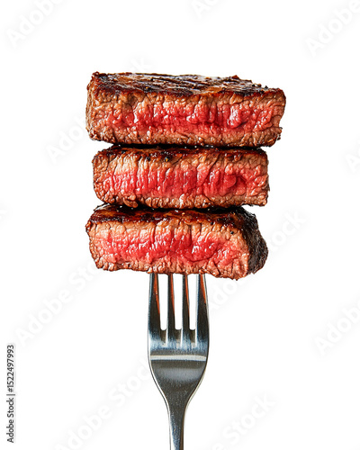 Three juicy grilled steak slices on a fork, transparent background, close-up view, delicious food photography