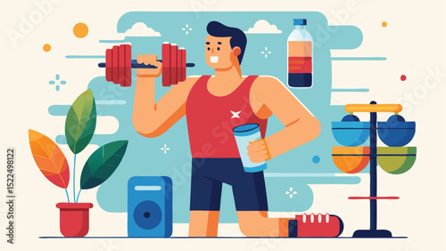 Cheerful Cartoon Man Lifting Dumbbell Weights with Water Bottle and Plant Decorations Around