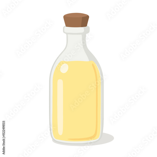 Vanilla extract bottle with cork stopper. Clear glass bottle filled with pale yellow liquid. High-quality image of vanilla extract ideal for packaging design and product label.
