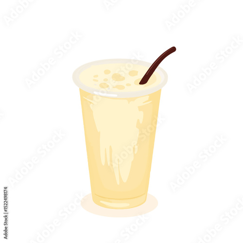 Creamy vanilla soy drink in plastic cup with straw. Refreshing vanilla soy beverage perfect for summer days. This vanilla soy drink image is ideal for cafe menus and beverage advertisements.