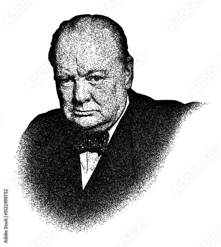 Portrait of Sir Winston Churchill in vintage stipple engraving style isolated on transparent background