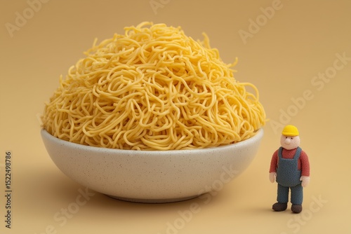 A figure and a huge bowl of spaghetti side by side, minimalist food photography, clean background