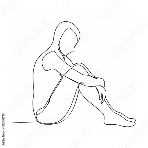 Minimalist one line drawing of a person sitting and hugging their knees in contemplation