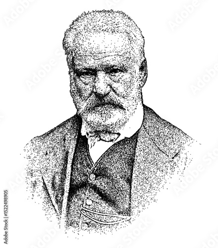 Portrait of French author and playwright Victor Hugo in vintage stipple engraving style isolated on transparent background