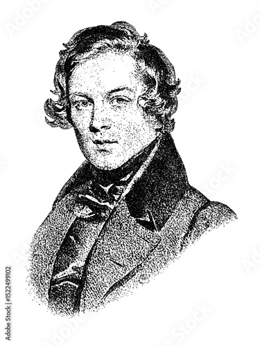 Portrait of German composer Robert Schumann in vintage stipple engraving style isolated on transparent background photo